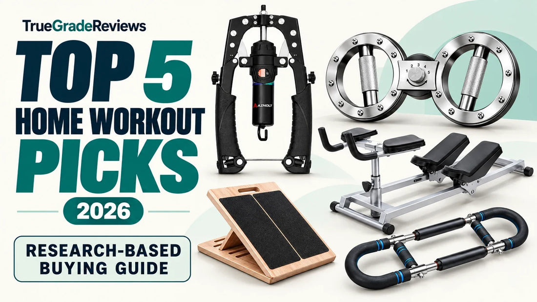 Five home workout equipment picks for 2026 — AI-assisted editorial illustration based on brand product images