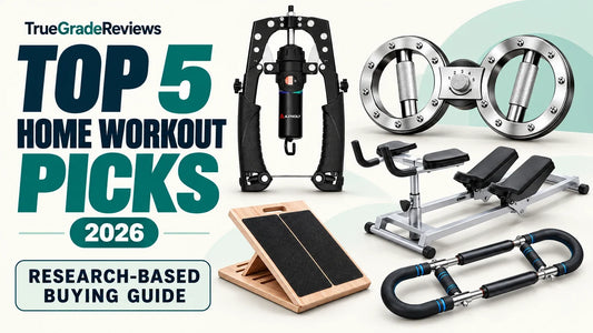 Five home workout equipment picks for 2026 — AI-assisted editorial illustration based on brand product images
